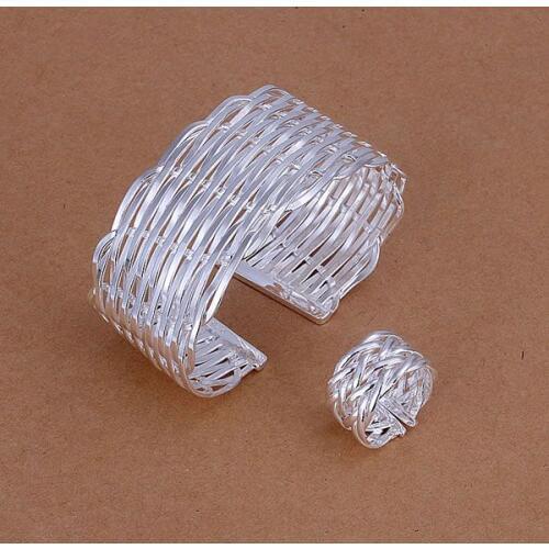 S236 925 Hot Selling Silver Color Jewelry Sets For Women Fashion Jewelry Set Flat Mesh Ring Bangle S236 /aneajela Aywajqda