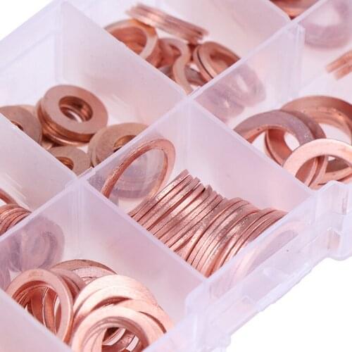 200Pcs Copper Washer Gasket Nut And Bolt Set Flat Ring Seal Assortment Kit With Box M5/M6/M8/M10/M12/M14 For Sump Plugs Water