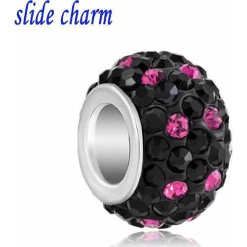 Slide charm Free shipping Valentines amulet black clay mixed with black and pink crystal dot small floral fit Pandora bracelet