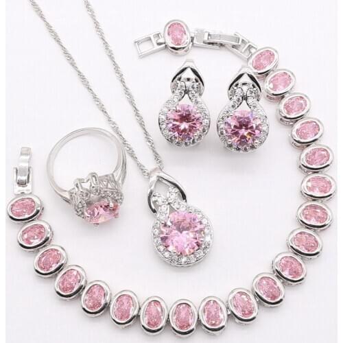 Dandy Will Silver 925 Jewelry Sets For Women Pink Zircon White Crystal Necklace Earrings Ring Pendant Bracelets For Wedding