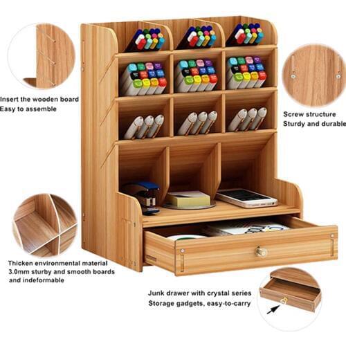 Wooden Desk Organizer Multi-Functional DIY Pen Holder Box Desktop Stationary Home Office Supply Storage Rack