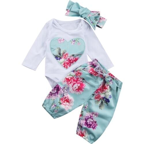 Newborn Infant Kid Baby Girls Love heart Floral Clothes Set Long Sleeve Jumpsuit Romper + Pants + Headband Outfits 3pcs