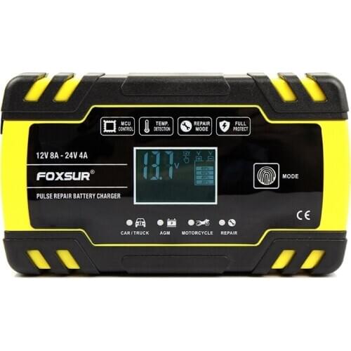 Foxsur 12V 8A 24V 4A Pulse Repair Charger with Lcd Display, Motorcycle & Car Battery Charger, 12V 24V Agm Gel Wet Lead Acid Batt
