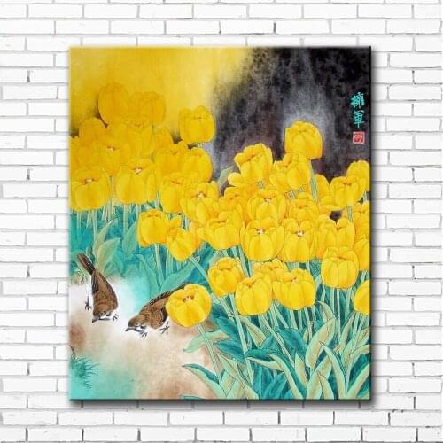 Chinese yellow tulips flower landscape canvas printings oil painting printed on canvas home wall art decoration picture
