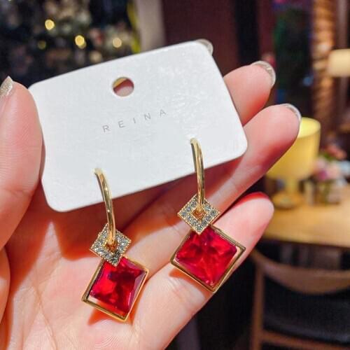 Classic Red Blue Rhinestone Dangle Earrings Luxury Crystal Drop Earrings Jewelry for Women Brinco Wholesale