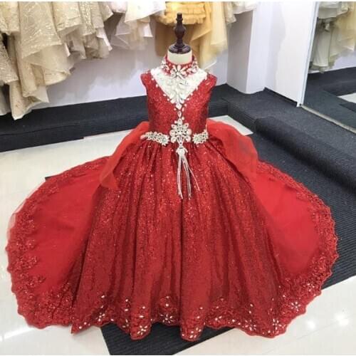 Red Customized Girl Dresses for Party Crystals V Neck Ball Gown Flower Girl Dress Children Pageant Gown Kids Costume