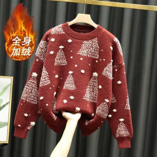 Red New Year Sweater Ladies Fall/winter Loose Wear Retro Lazy Round Neck Pullover