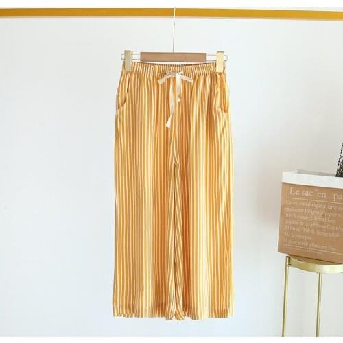 Summer Cotton Pajama Pants Wide-leg Pants Home Pants Plus Size Cotton Thick Cropped Pants Loose Striped Womens Living Pants