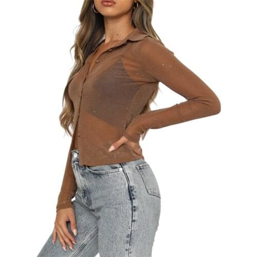 Fashion Women Shirt Solid Color Turn-Down Collar Long Sleeve See-Through Crop Tops for Female Brown/Black S/M/L/XL
