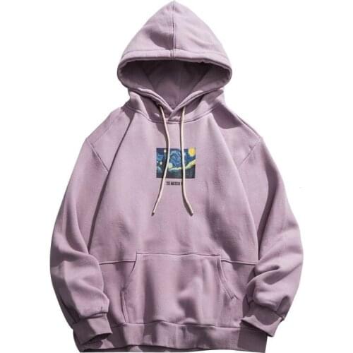 2021 Kpop Van Gogh Starry Night Print Purple Fleece Hoodies Men Harajuku Sweatshirt Gothic Clothes Top Hooded Pullover Jacket