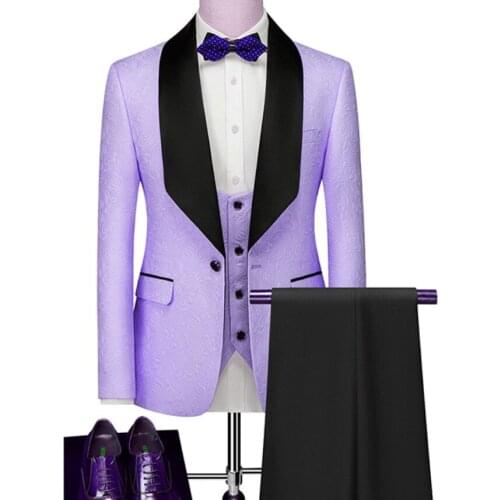 Custom Made Men Suits Lilac Pattern and Black Groom Tuxedos Shawl Lapel Groomsmen Wedding Best Man ( Jacket+Pants+Vest+Tie ) D22