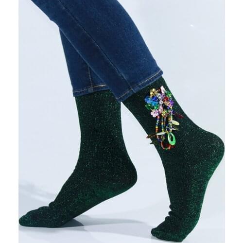 Green Glitter Socks Sequin Stitching Pattern Hand-sewn Woman Socks Independent Design Personality Trend Street Sock