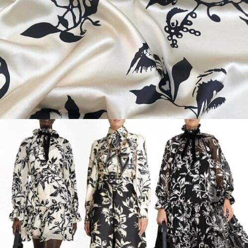 Summer new black rattan flower imitation silk stretch satin garment printing sewing designer fabric for dress cloth by yard