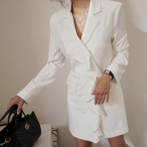 New 2020 Autumn Winter Womens Blazers Buttons Pockets Jackets Notched Vintage Ruffles Office Elegant Tops CL719