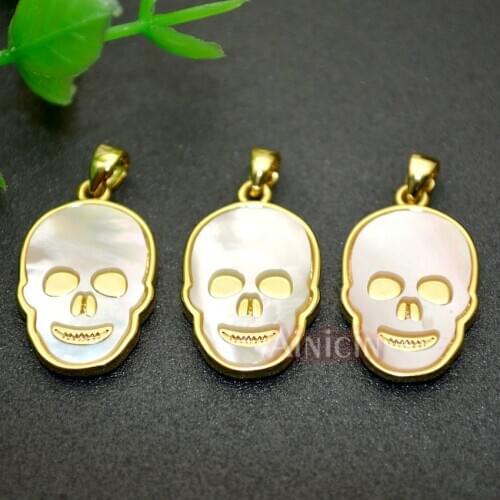 New Arrival Skull Head Pendants Natural White Black Pink Shell 13x20mm Gold Plating Metal Charms Fashion Necklace Making