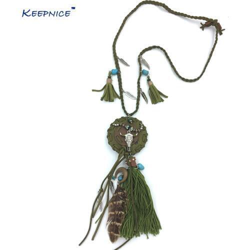 New Womens clothing accessories statement jewelry Bohemia leather necklace handmade buffalo head skull tassel pendant necklace