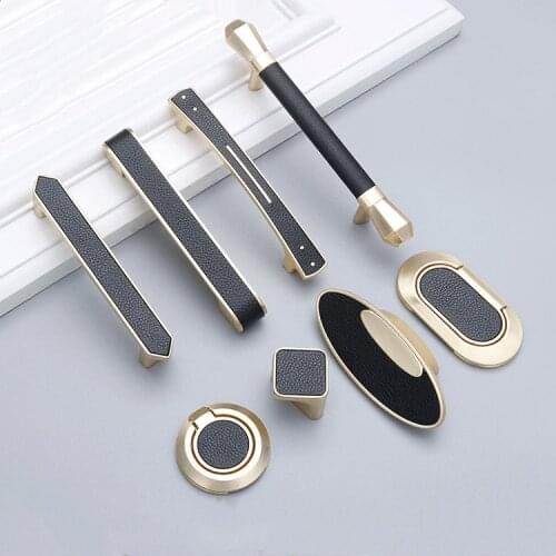 Light Luxury Gold+Black Leather Knobs and Pulls Modern Cabinet Handles Wardrobe Drawer Pulls Door Handle Furniture Hardware