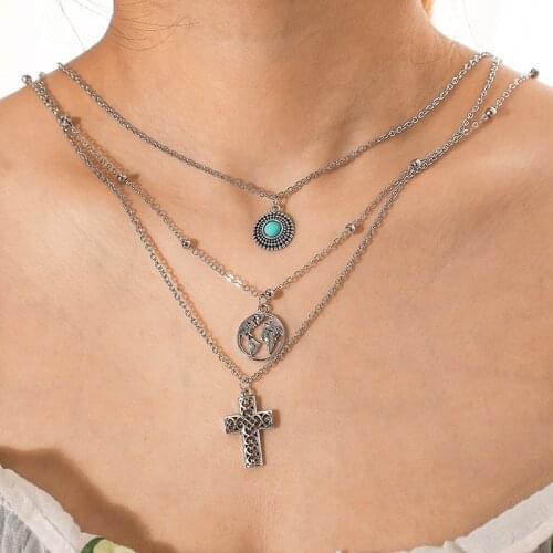 Tocona Retro Punk Hollow Map Round Inlay Crystal Multi-storey Necklaces For Women Boho Large Map Pendant Jewelry Collars 4303