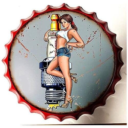 Retro Sign Sexy Lady and Gas Bottle Caps Retro Metal Tin Sign Diameter 13.8 Inches - Home Decor Bar Plaque Lounge Man Cave