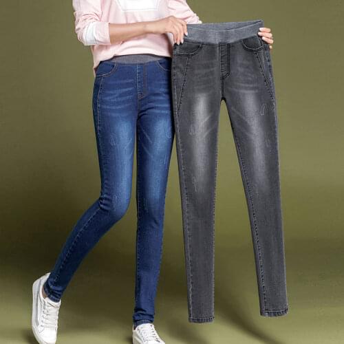 Women Casual High Waist Jeans Elastic Waist Pencil Pants Fashion Denim Trousers Plus Size 38 4Color Black Blue Gray Skinny Jeans
