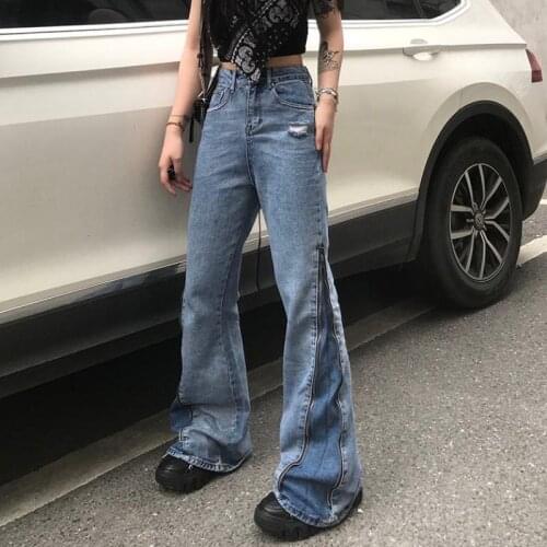 2021 New Zipper Denim Flared Pants Women Loose High Waist Slimming Wide Leg Long Pants Women Vintage Streetwear Blue Jeans