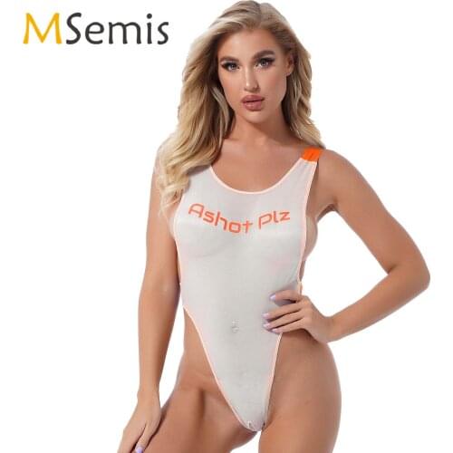 Womens Swimsuit Round Neck Sleeveless Color Contrast See-through Bodysuit Front Letters Print High Cut Open Crotch Jumpsuit