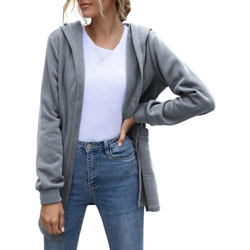 Women Autumn Winter Waist Drawstring Hooded Coat Open Front Mid-length Cardigan hoodies sweatshirts