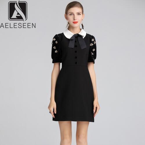 AELESEEN Runway Designer Patchwork Black Dress 2021 Fall Winter Peter Pan Collar Handmade Crystal Beading Velvet Dress Women