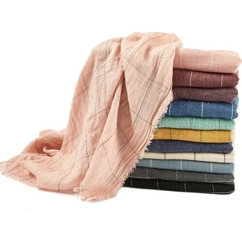 2019 Winter Plaid Stripe Muslim Women Hijabs Headscarf Cotton Linen Thick Warm Scarf Head Wraps Literary style Pashmina 180X95CM