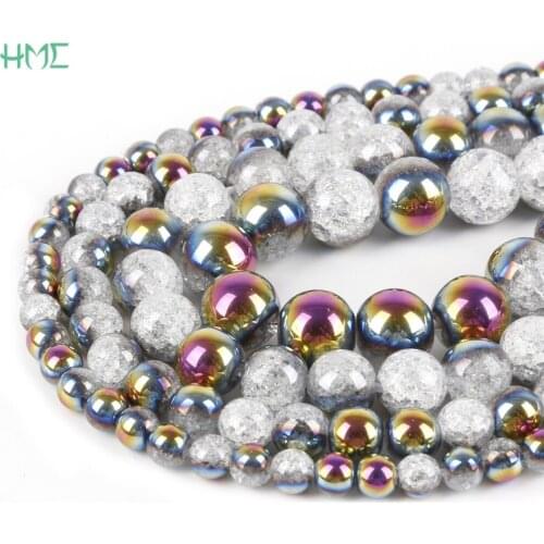 6/8/10/12mm Natural Stone One Side Plated Fancy Iridescence White Snow Cracked Crystal Bead For Jewelry Making Bracelet Necklace