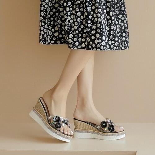 Slingbacks Cow Leather Shoes Wedged Platforms High Heels Sandals Peep Toe High Heel Shoes Summer Party Transparent Shoes Woman