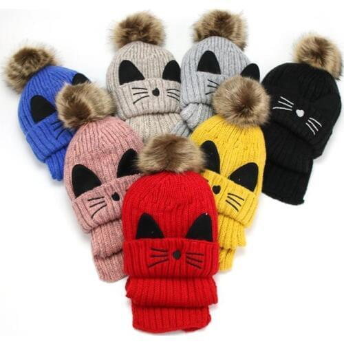 Winter Cut Ear Baby Hat New Velvet Thicken Ball Unisex Cap Girl Boy Warm Hat + Scarf Suits Kids Knitted Caps Children Accessoire