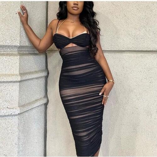 Hirigin Black Double Layer Midi Dresses For Women Summer Sexy Sleeveless Hollow Out Slim Dress Partywear Backless Club Vestidos