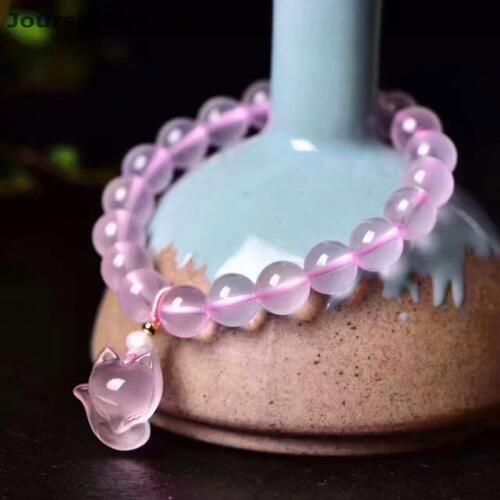 JoursNeige Pink Natural Crystal Bracelets Round Bead Size 10mm With Crystal Fox Pendant for Women Crystal Single lap Jewelry