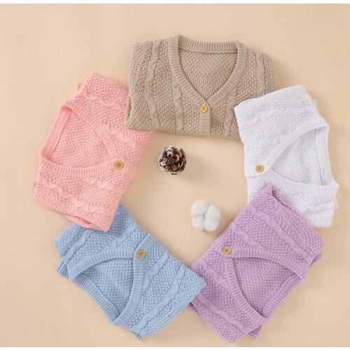 Cute Baby Boys Girls Solid Color Knitted Cardigan, Long Sleeve V-neck Single Breasted Warm Coat for Spring Autumn, 0-18Months