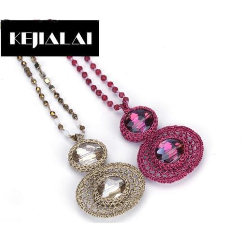 Dankaishi Dould Round Pendant Necklace Macrame Crystal Glass Charm Beads Chain 80cm Statement Necklace for Engagement Wedding