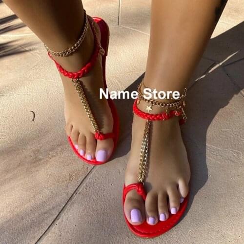 Summer Metal Chain Sandals Outdoor Leisure Beach Sandals Fashion Solid Color Womens Shoes Plus Size 43