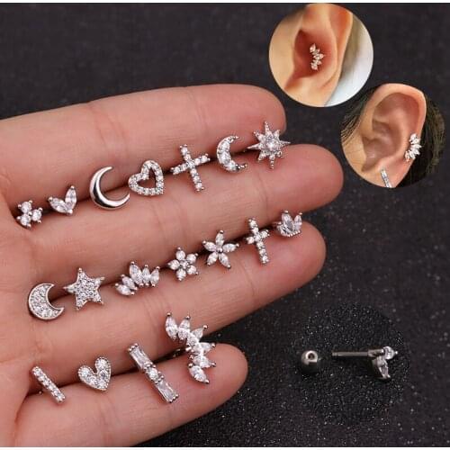Hot Earring Septum Falso Star Moon Crown Cross Ear Stud Tragus Cartilage Conch Earring Stud Cartilage Piercing Helix Jewelry