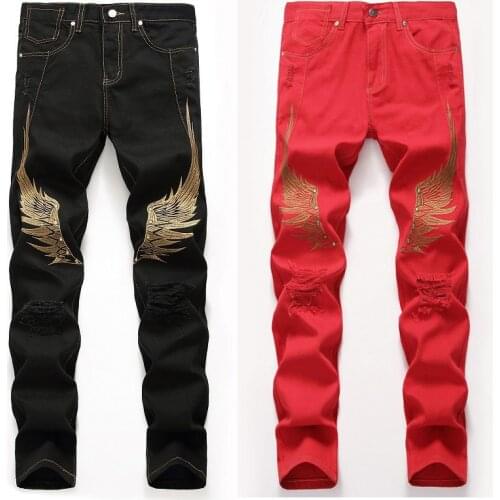 2021 Men’s Slim-fit Straight Ripped Jeans,Angel Wings Embroidery Street Fashion Denim Pants,Youth Fashion Must