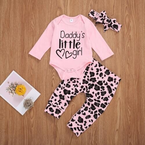 Baby Girls Outfit Spring Autumn Sweet Style Long Sleeve Round Collar Letter Romper + Leopard Print Long Pants + Bow Headwear Set