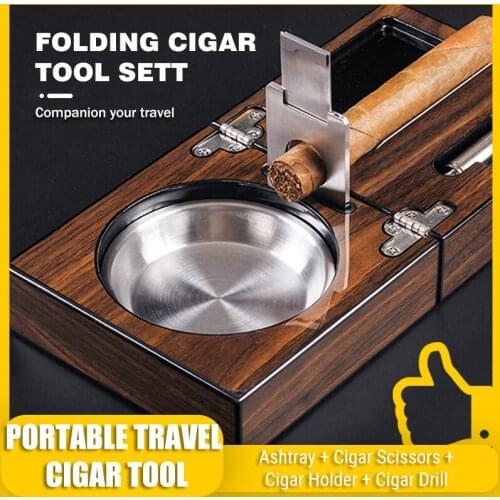 Cigar Ashtray Cuba Portable Foldable Solid Wood Stainless Steel Cigar Cutter Tapper Bracket Set Travel Folding Cigar Tool Set