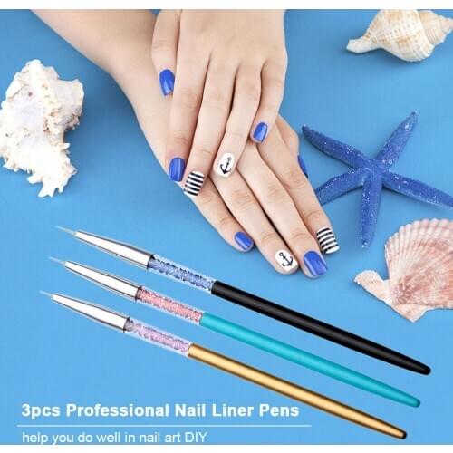 Professional Nail Liner Pen with Rhinestones Handle for Drawing Short Strokes Blendin, Elongated Lines Nail Tool Set of 3PCS