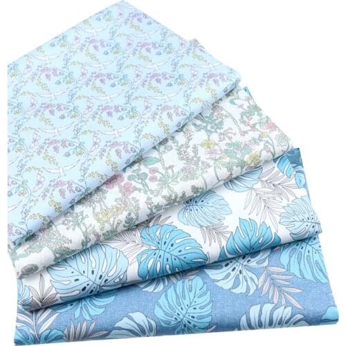 Light Blue Leaf Series Cotton Twill Fabric Printed Cotton DIY Sewing Material for Handmade Cloth Textile Blanket Handicrafts