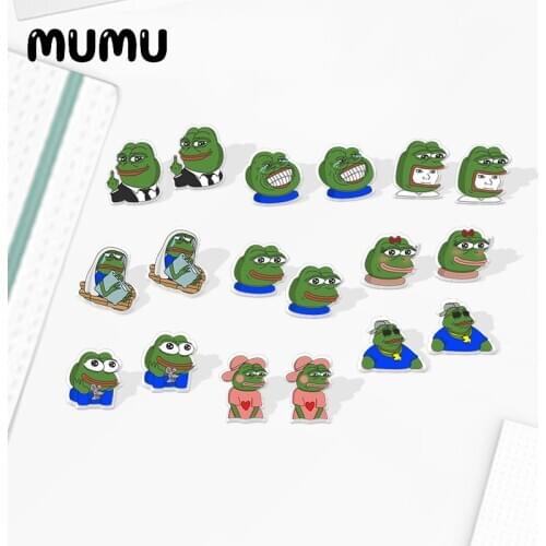 2020 New Smile Sad Funny Frog Pepe Earring Cartoon Acrylic Earring Silver plated Handmade Stud Earrings Epoxy Jewelrys