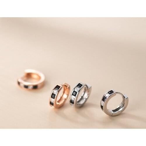 KAMIRA 925 Sterling Silver Retro Geometric Ear Buckle Black White Zircon Stud Earrings for Women Men Huggie Party Gothic Jewelry