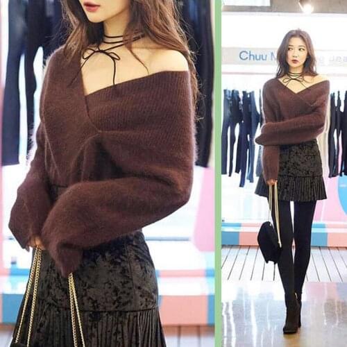 Deep V-neck Sweater Women Long Sleeve Solid Sexy Knitted Pullover Sweater Autumn Winter 2020 Lazy Style White Warm Thick Sweater