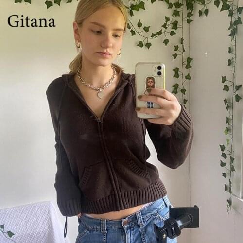 Gitana Y2K Cardigans Knitted Hoodie Sweater Women Zip Up Slim Long Sleeve Sweaters Vintage Autumn Winter Korean Fashion Coat
