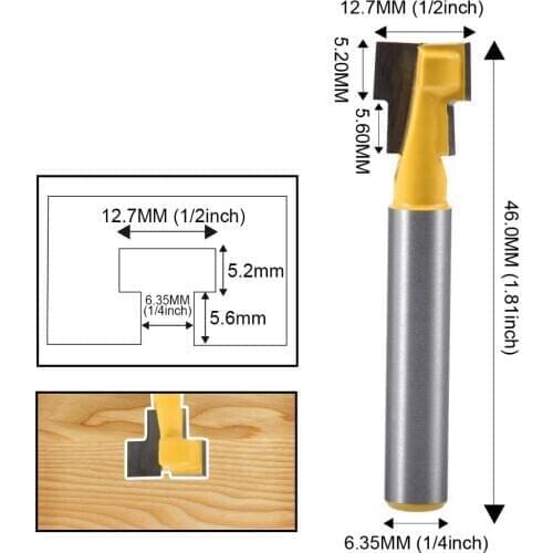 1/4" Shank T-Slot Router Bits For Wood Carbide Alloy Milling Cutter Woodworking Tool Milling Machine 3/8" Blade Width Yellow