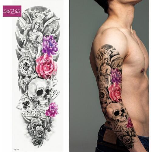 1 Piece Temporary Tattoo Sticker Angel Skull and Flower Pattern Full Flower Tattoo with Arm Body Art Big Large Fake Tattoo