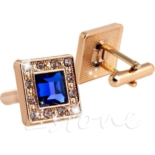Gold +Blue Crystal Square Mens Cufflinks Cuff Links Mens Wedding Cufflinks